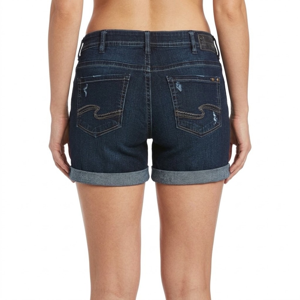 Silver Jeans Co Boyfriend Fluid Denim Cut Shorts Dark Wash Distressed Size 14
